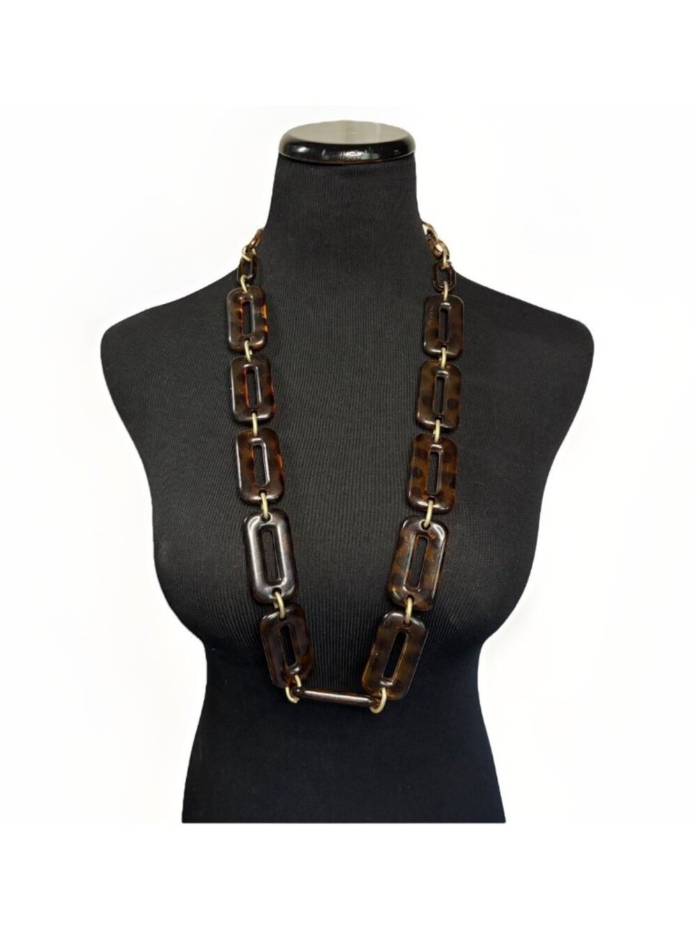 Coldwater Creek Tortoise Shell Long Chunky Statement Necklace Brown Gold Tone